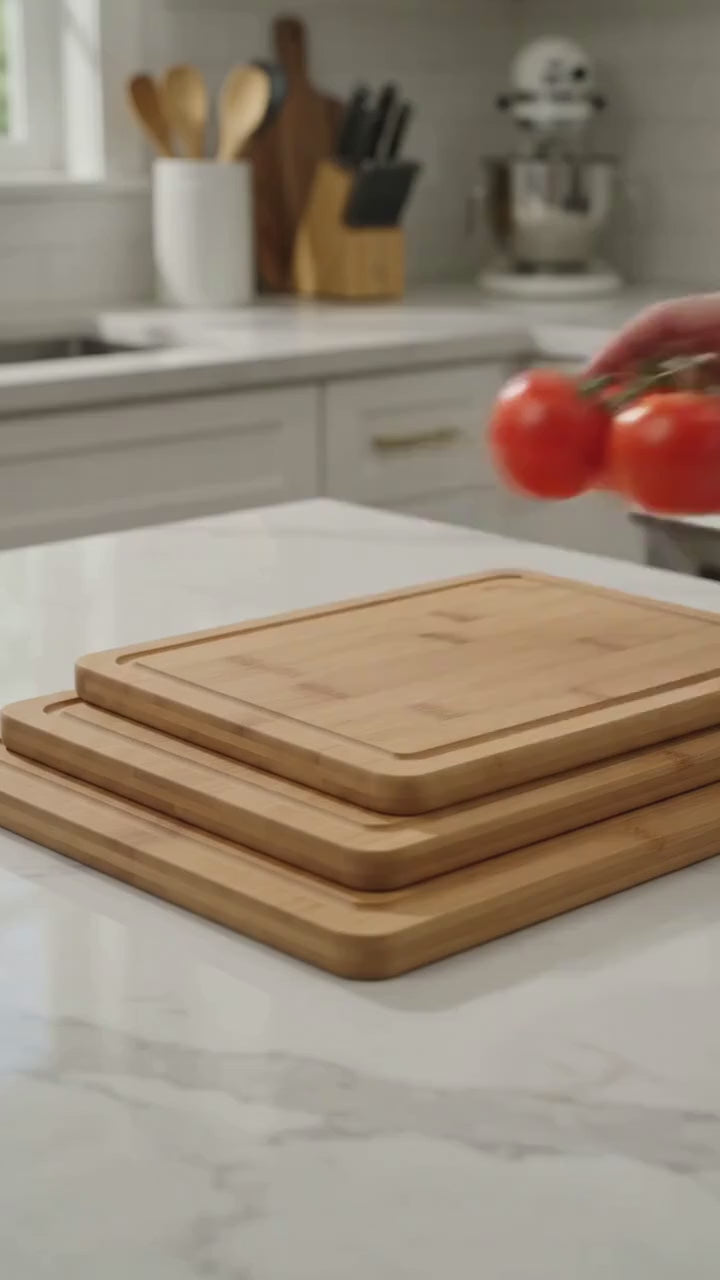 Bamboo Cutting Board Set of 3 – Wooden Boards with Handles For Kitchen.